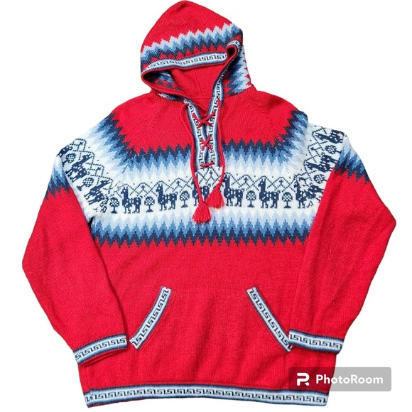 Alpaca Exotic Imports Pullover Hooded Sweater Women's Knit Holiday Aztec Tassel - Picture 2 of 3